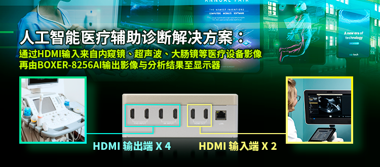 BOXER-8256AI适用于最新人工智能医疗诊断设备，搭载四个HDMI输入端口